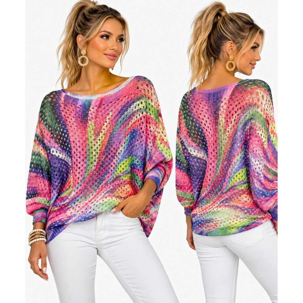 Free For Humanity Italian Knit Rainbow Swirl Batwing Sweater One Size Slouchy